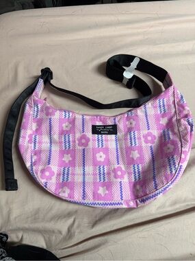 Sandy Liang Pink Floral Checker Crescent Bag with Black Strap